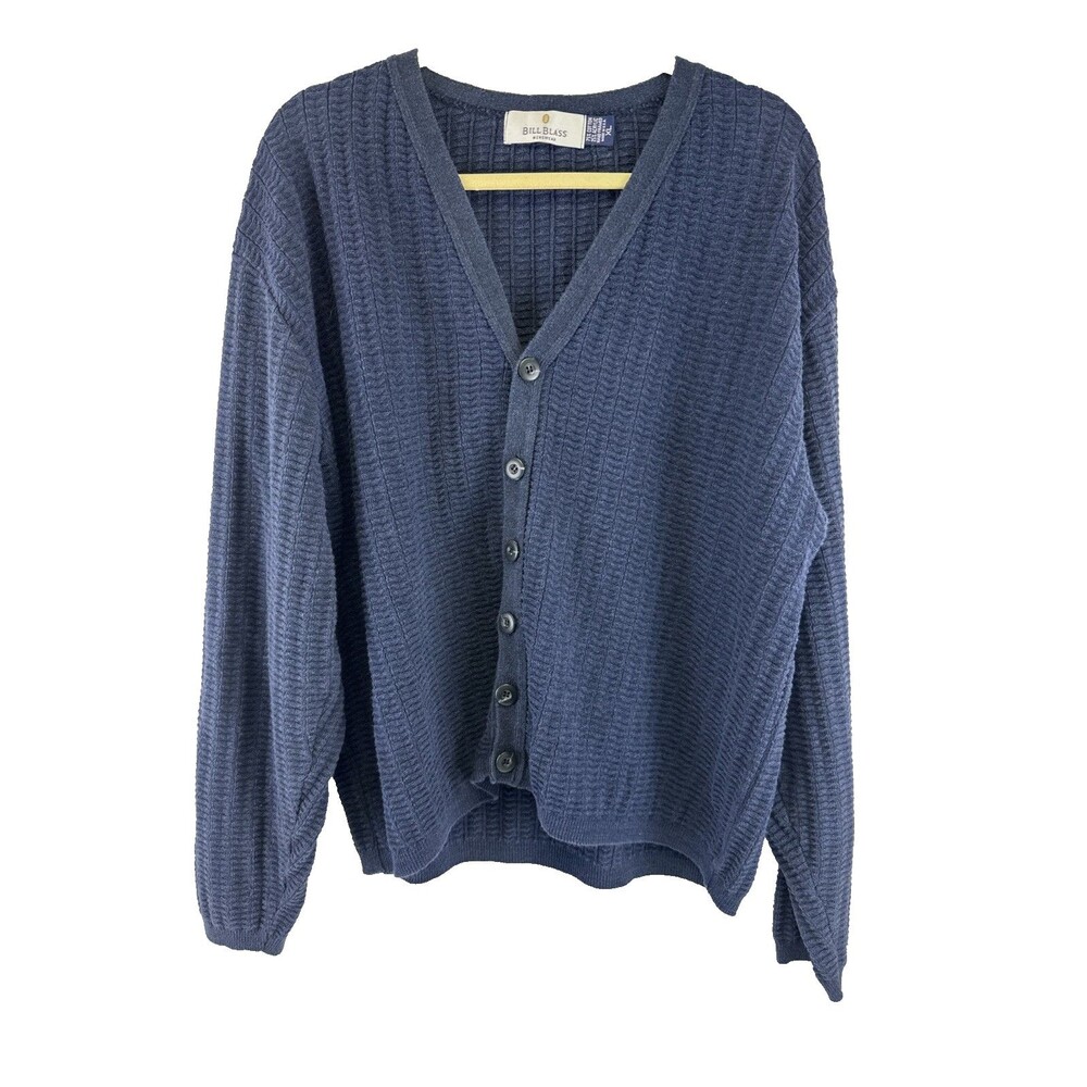 Bill Blass Menswear Knit Sweater Cardigan Navy Textured Cotton Button Grandpa XL
